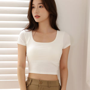 【SG stock】 Premium Square Neck Cropped Bra Top Padded Top T-shirts Short Sleeves Crop Top bt51