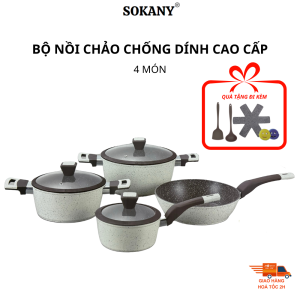 Bộ nồi chảo vân đá 4 món Mitomo GIYOCA chóng dính cao cấp - Bảo hành 24 tháng