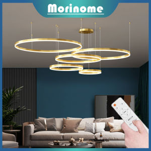 Lampu Gantung Ring Lampu Plafon Ruang Tamu Minimalis Modern LED 3 Warna Gold 5 Ring 100cm Pendant Light chandelier Kamar Tidur Ruang Makan Remote Control MOOISHC