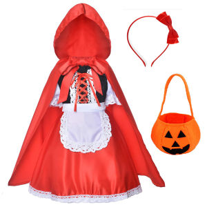 110-150cm Little Red Riding Hood ชุดฮาโลวีน ชุด ฮาโลวีน เด็ก ผู้หญิง เครื่องแต่งกายสำหรับการแสดงบนเวที คลาสสิค ปาร์ตี้ฮาโลวีน