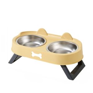 OUTOPEN Thép không gỉ Bát ăn cho mèo nâng cao Hình con mèo Bát đôi Bát ăn cho mèo Dễ dàng làm sạch 15 ° Góc nghiêng Bát ăn cho thú cưng nâng cao Dành cho mèo