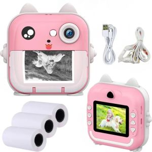 1080P Instant Print Kids Camera Thermal Printing Children Digital video Toys Pink Selfie Camera with 3 Roller Photo Paper