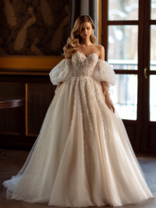 Floral Lace Wedding Dress Sweetheart Neckline Corset Back Detachable Sleeves Glitter Dress Strapless