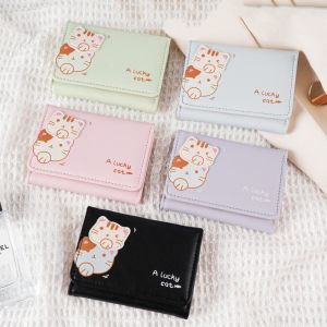 CRNGW Korean Style Cartoon Cat Short Wallet Multi-card Slot Solid Color Cute Card Bag Portable PU Leather Coin Purse Women