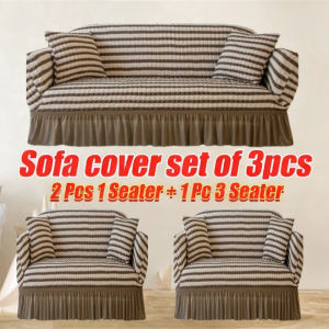 Keranixy Thicken Seersucker Sofa Cover Set 3 In 1 Skirt Colour-blocked Sofa Protector Home Decoration