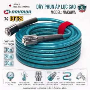 Dây rửa xe cao áp NAKAWA 10m 15m 20m 2 đầu to ren M22 dây xịt áp lực 3 lớp chịu tải 8200 PSI bền bỉ