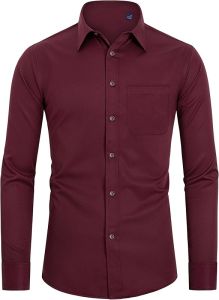 ดีมีนอร์ เสื้อเชิ้ตผู้ชายทรงเข้ารูป แขนยาว ปุ่มลง เสื้อเชิ้ตยืด ไม่ยับ เสื้อทางการสำหรับงานแต่งงาน มีกระเป๋า