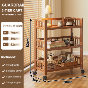 【CozyCasa】 3-Tier Rolling Storage Cart with Wheels Bamboo MDF Guardrail Mobile Utility Trolley Kitchen Bathroom Rack