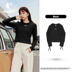 Qiaodan Women Long Sleeve T-Shirt Drawstring Waist Slim Fit Cropped Top QXLTL2253087