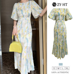 ZY·HT Summer Ladies Dress Satin Balloon Sleeve Rendering Long French Dinner Dress 20050 eravogue