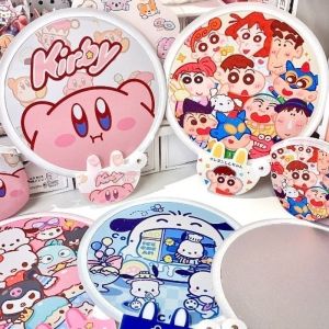 Sanrio Creative Cartoon Selfie Reflective Mirror Foldable Handheld Fan Cinnamoroll Kuromi My Melody Portable Cartoon Set Fan with Storage Bag Girl Reflective Mirror Photo Prop Gift
