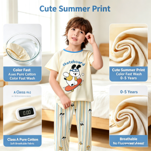 AILEBE Kids Pajamas A-Class Pure Cotton Terno Sleepwear Set Soft Breathable Short Sleeve Top Pants Summer Pajama Cute Print Comfy Pambahay Pantulog for Baby Boys Girls 0-5 Years