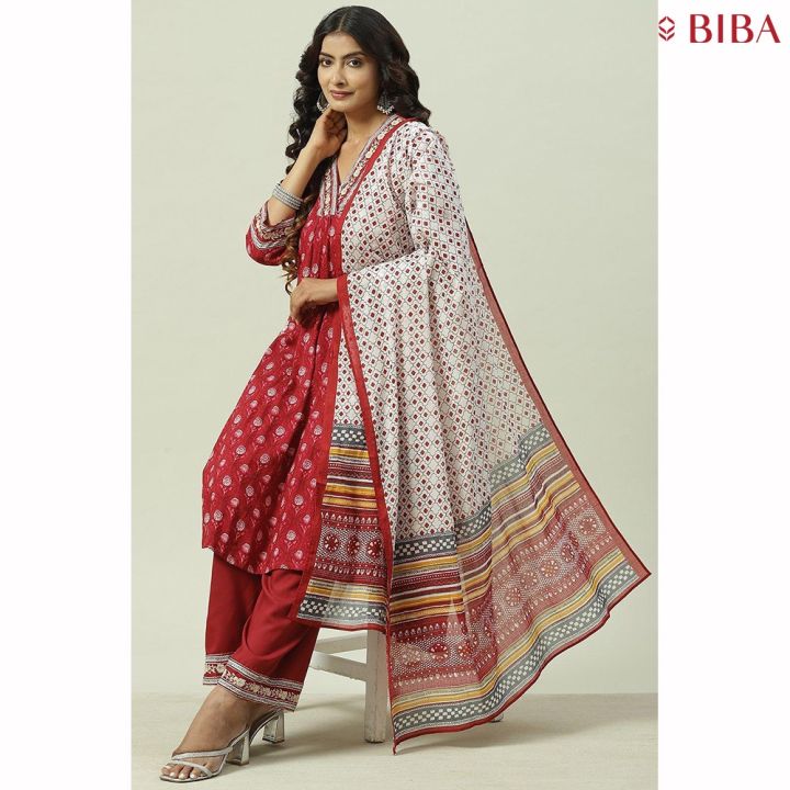 BIBA Ethnic Indian Wear Women's Red LIVA A-Line 3/4 Sleeve