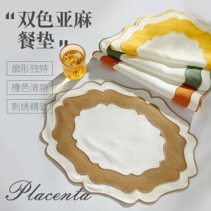 0HOWWUU Machine Washable Scalloped Linen Placemat Heat Insulation Wear Resistant Irregular Dinner Placemat Simple Restaurant Use Textured Dining Placemat Dining Table