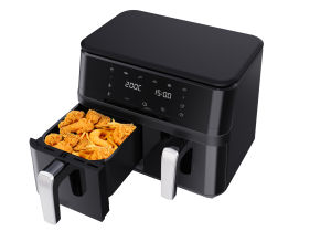 หม้อทอดไร้น้ำมันขนาดใหญ่  Air fryer 10L สีดำ พร้อมตะกร้าทอดคู่ไม่ติดกระทะ หน้าจอสัมผัส ระบบโซนคู่ ตะกร้าทอดแยกอิสระ 2 ใบ ปรับอุณหภูมิและตั้งเวลาได้ เหมาะสำหรับการย่าง อบ และทอด