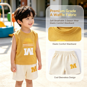 AILEBE Kids Sets Grade A Waffle Terno Sleeveless Sando Shorts Set Soft Elastic Breathable 3-Season Wear Comfy Pambahay OOTD For Baby Boys Girls 6 Months – 5 Years