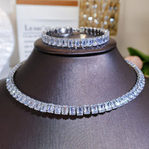 SEQUITO Luxury Yellow Gold Plated Ladies Jewelry Pave Setting AAA Baguette Cut Noble Anniversary Adjustable Open Cuff Bangle Necklace Set SJ396