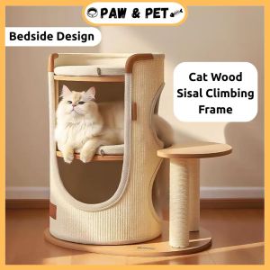 Cat Wood Sisal Climbing Frame Double Level Cat Scratch Bucket Thickened Cat Scratcher Board Kucing