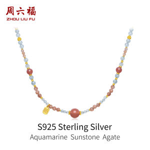 ZHOU LIU FU 周六福 S925 Sterling Silver Necklace with Peridot Turquoise Agate Crystal Aquamarine Beads Fashionable Jewelry Gift for Women 40+5cm J0514742 J0614806