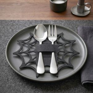 GUDY 12PCS Portable Halloween Spider Web Cutlery Cover Chopsticks Sleeve Black Cutlery Pouch Lightweight Decorative Felt Cutlery Bag Halloween
