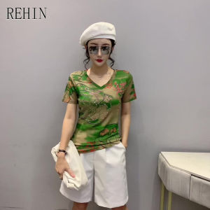REHIN Áo Nữ Áo Thun Ngắn Tay In Họa Tiết Khoan Nổi Bật Cổ Chữ V Áo Cánh S-3XL Thanh Lịch Dáng Ôm Phiên Bản Hàn Quốc Mới