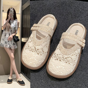 COD2024年新款一脚蹬勃肯鞋亚麻包头半拖鞋女夏季外穿百搭透气凉拖鞋Model baru dengan penghantaran bebas