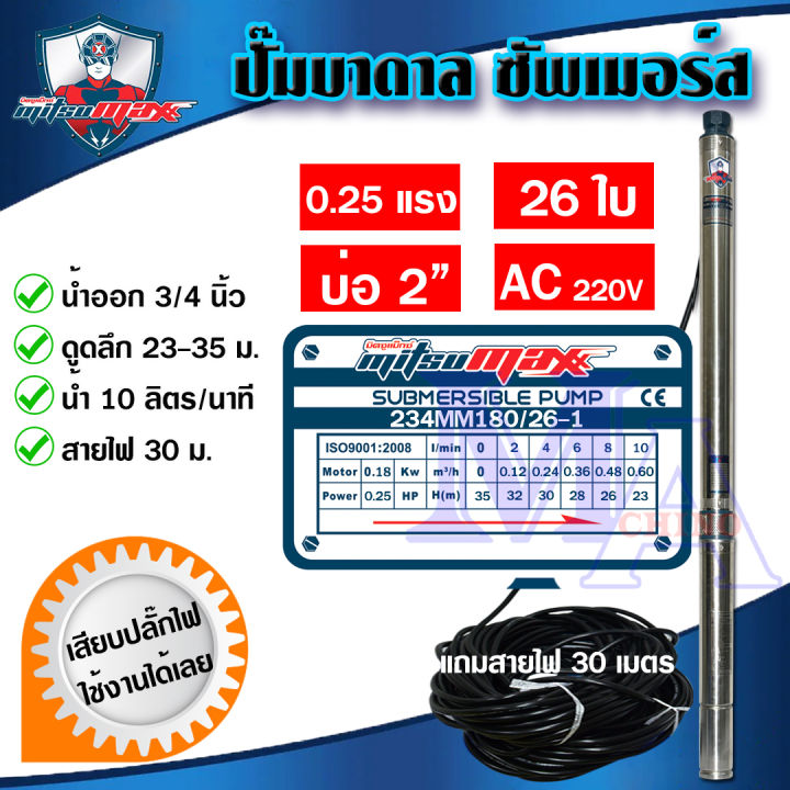 MITSUMAX ปั๊มบาดาลซัมเมอร์ส 180W สำหรับบ่อ 2 นิ้ว