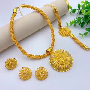 ชุดเครื่องประดับดอกไม้กลมขนาดใหญ่สไตล์ตะวันออกกลาง ชุดสี่ชิ้นที่ไม่ซีดจาง สร้อยคอเจ้าสาวชุบทอง สร้อยข้อมือ แหวน ต่างหู Jewelry