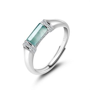 TIMESWIND with Certificate Light Blue Natural Jade Ice Square S925 Silver Women Open New Ring