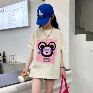 WANDER เสื้อเด็กหญิง เสื้อยืดแขนสั้นเด็กหญิง ลายการ์ตูนหมีมัดย้อม เสื้อเชิ้ตแขนสั้นผ้าฝ้ายทรงหลวมขนาดใหญ่สำหรับเด็ก23712