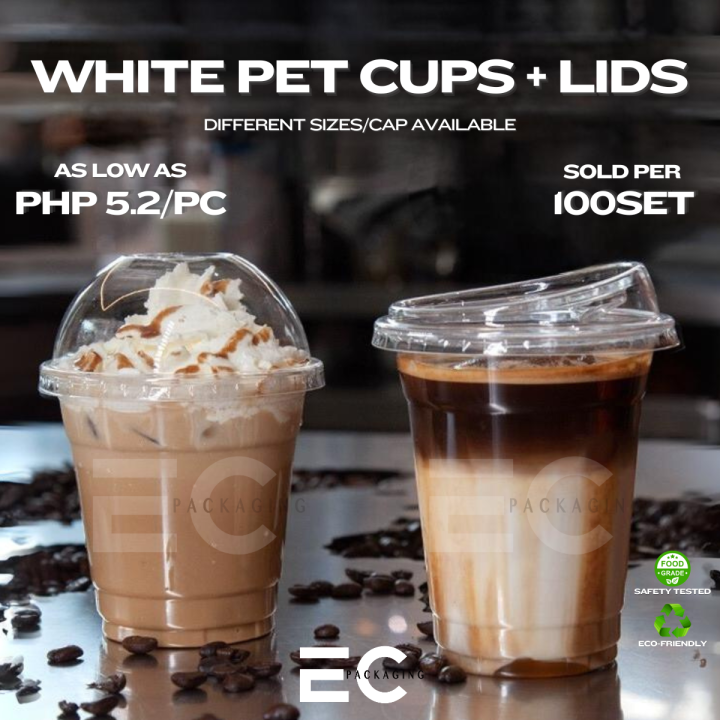 EC 100Pcs TRANSPARENT Pet Cups with Lids SCup Set 98MM 360/700ML Milk ...