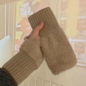 In Stock Soft Winter Half Finger Gloves Women Warm Exquisite Solid White Plush Knitted Fingerless Gloves Girls Gift