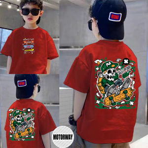 MOTORWAY K525 T-shirt with cartoon skeleton skateboarder graphic. Green and white design. Adjustable cap with logo. Casual streetwear Short-sleeved pure cotton summer fashion for adults and children matching parent-child outfits skateboard style