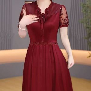 Kababaihang middle age kaswal na three-quarters sleeve evening dresses women lace sleeve bowknot lace up a-line dress middle age mother elegant red high waist dresses lady