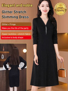 ganze011 (Dinner party style) Glitter Stretch Slim Zipper Dress Elegant and fashionable midlength dress