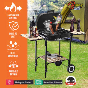 Portable Outdoor Trolley Barbecue Grill Stainless Steel Charcoal BBQ Grilling with 2 Wooden Side Shelfs / Berbeku Beroda