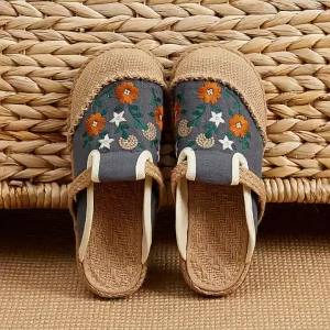 WomenS Flat Office Closed-Toe Slippers Suitable For Outdoor Wear Ethnic Style Fabric Shoes Linen Embroidered Slip-Ons