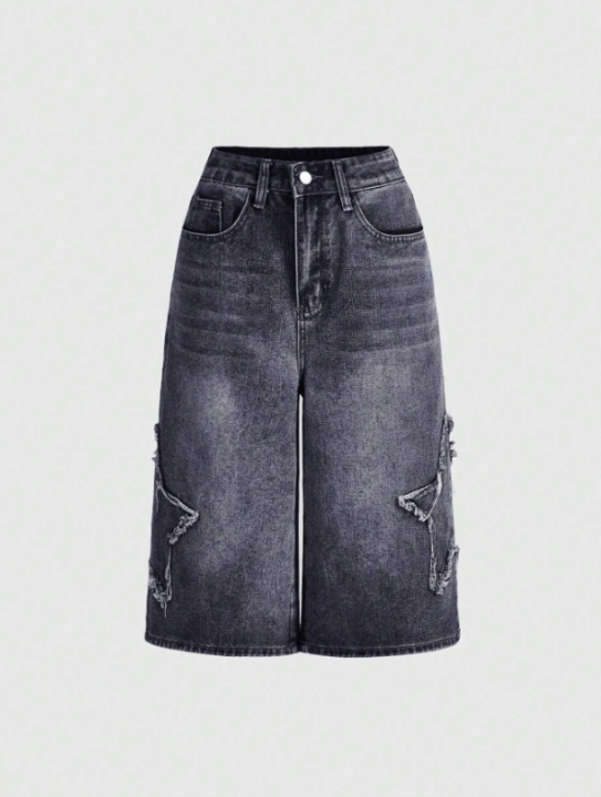 Bermuda Shorts Jorts High Waist Denim For Women Y2K Street Fashionable Star Printed Brushed
