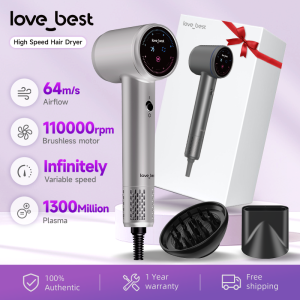 Love Best High Speed Hair Dryer | Professional Plasma hair dryer | Infinitely Variable Speed | Smart Touchscreen | 1300 Million Negative Ions | 110000 RPM Motor| 64m/s Airspeed | High-Speed Hair Dryer for Women Men Travel Salon Sliver With 2 Nozzles