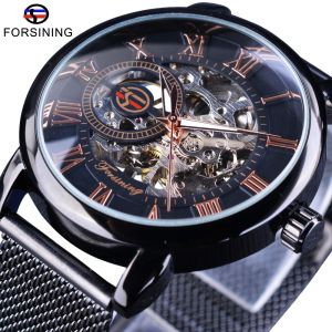 Original Forsining Mechanical Watch Blue Skull Mens Manual Winding Slim Mesh Steel Band Mens Casual Military Sports Watch. Mens Gifts