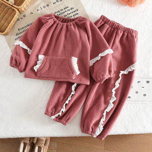 Bear Leader Autumn Winter New Childrens Pajama Set Lace Splicing Long Sleeve Top Pants Two Piece Set Sweet Girls Home Clothes