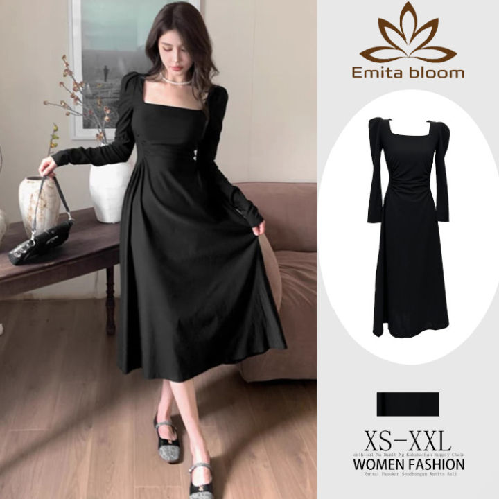 EMITA BLOOM midi dress hitam panjang mewah elegan wanita party dress korean  style summer black dress formal elegant lebaran vintage baju raya 2025  terbaru import ondangan outfit wanita kekinian | Lazada Indonesia
