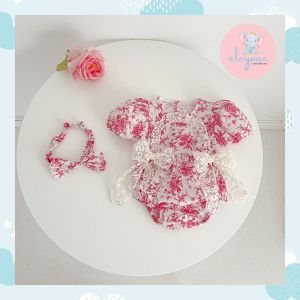 Romper Dress Anak Bonus Bandana Baju Bayi Cewek Baby Girl Jumper Motif Bunga Merah Muda Free Bando