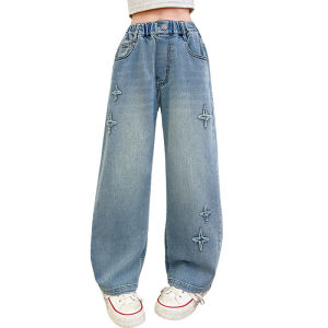 6-13Years Embroidered Bow Jeans for Kids Girls Wide Leg Pants for Kids Girls Elastic Waist Comfortable And Versatile With Two Pockets On The Hips Jeans