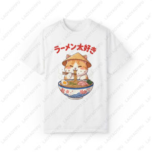 [Local Stock] VCC Funny Ramen Noodle Graphic Kawaii Cat Cartoon T-shirt Casual Fashion Harajuku Short Sleeve Women Tshirt Summer Soft Man Tees