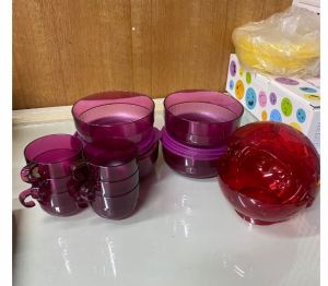 Tupperware Set: Punch Cup (6) 001011759001 Salad Bowl (4) - Transparent Rhubarb 001011668329 Sweet Bowl