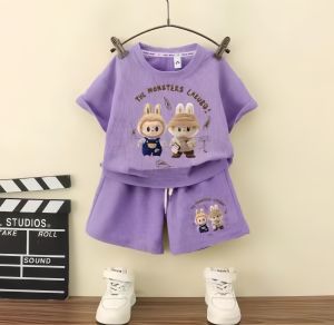 Sweetkids Boys Summer Shirt Suit Kids Fashion Suits Korean style Casual Cartoon prints Waffle Fabric Comfortable to Wear For 3-14Y