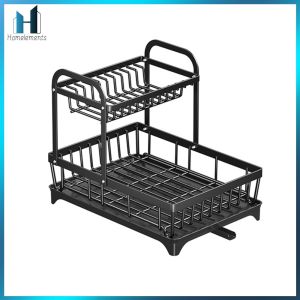 【Homelements】 42×30CM Thickened Carbon Steel 2 Tier Dish Drying Rack Large Capacity & Space Saving Non-Slip