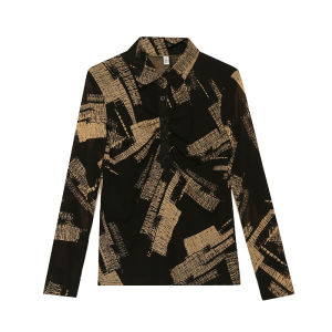 REHIN Womens top new fashion print mesh long-sleeved shirt lapel collar with button pleat design elegant blouse
