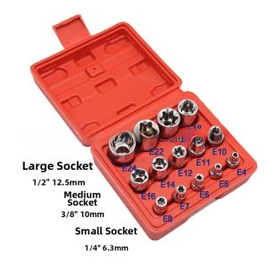 14pcs E-Torx Star Socket Set 1/4" 3/8" 1/2" Drive Female Torx Bit Sockets Automotive Mechanics Repair Tool Kit E4-E24
